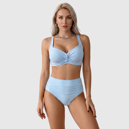 Women's high-waisted ruched bikini set with V-neck top and wide straps