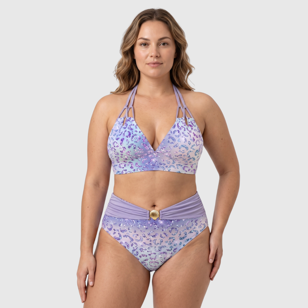 Women's animal print halter bikini set with high-waisted briefs and shell waist detail