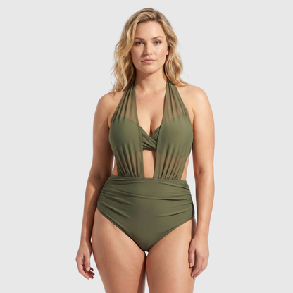 Women's high-waisted halter one-piece swimsuit with crossed front and ruched waist