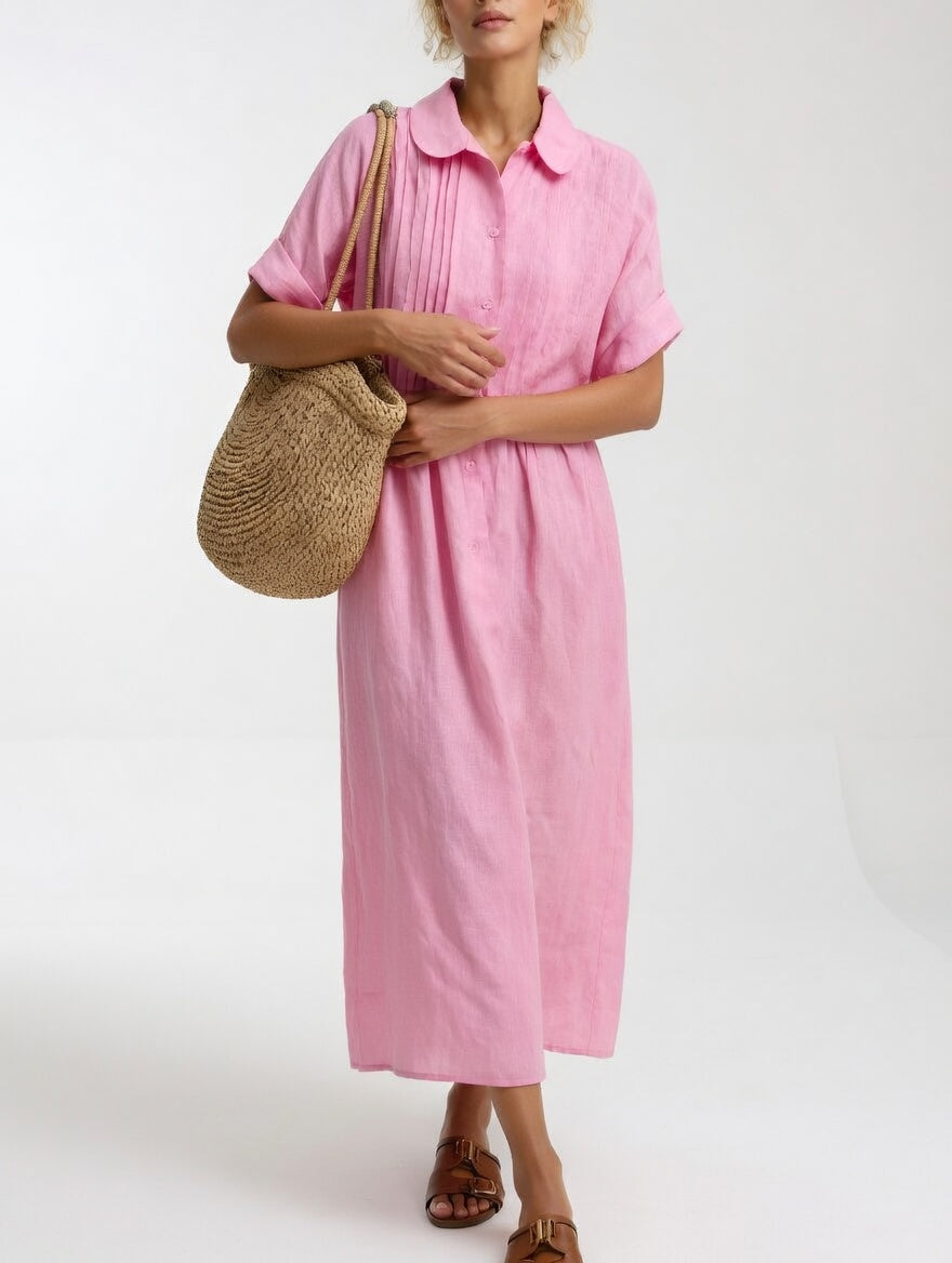Women's shirt midi dress with rounded collar, short sleeves and gathered waist