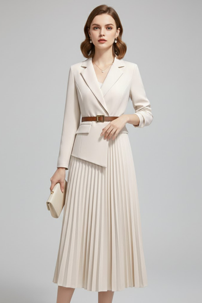Women's blazer-style midi dress with a belted waist and pleated skirt