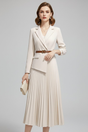Women's blazer-style midi dress with a belted waist and pleated skirt