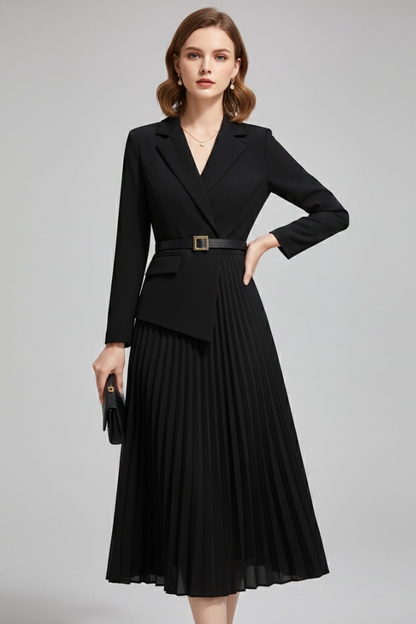 Women's blazer-style midi dress with a belted waist and pleated skirt