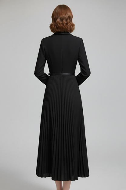 Women's blazer-style midi dress with a belted waist and pleated skirt