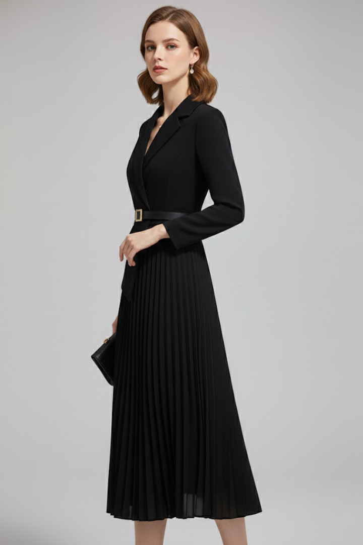 Women's blazer-style midi dress with a belted waist and pleated skirt