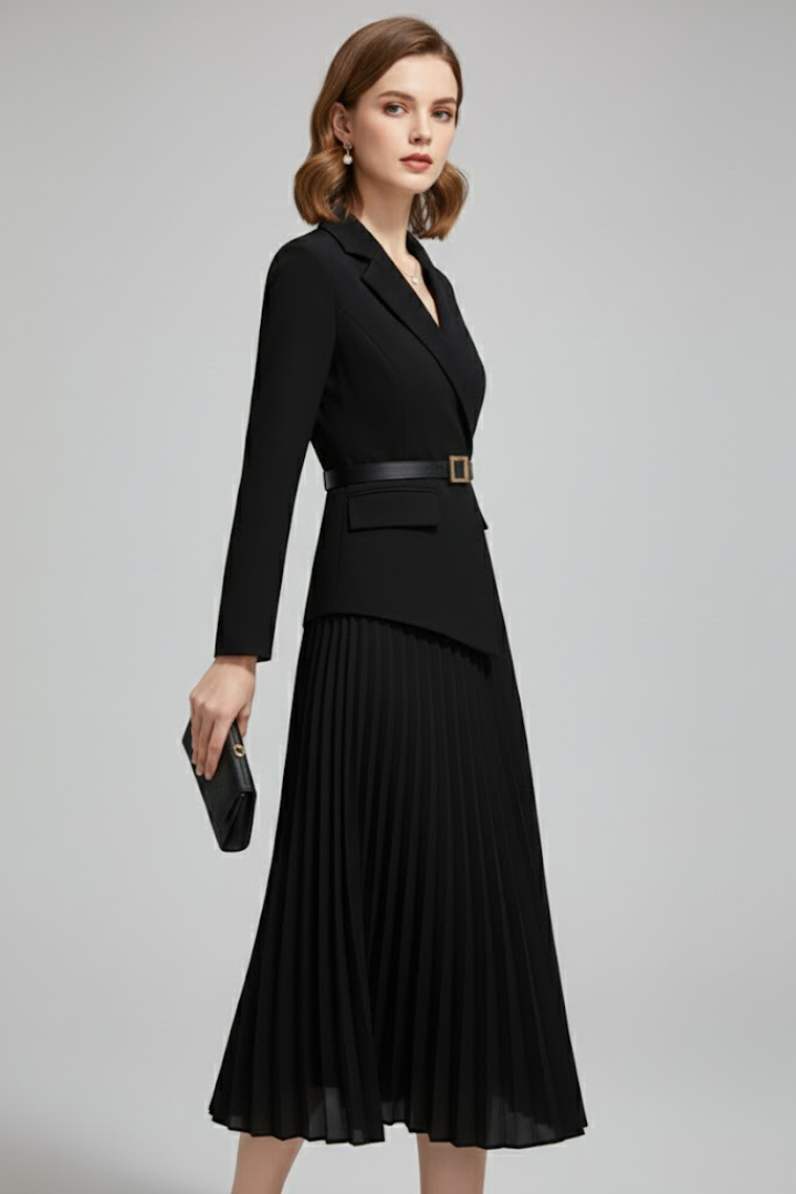 Women's blazer-style midi dress with a belted waist and pleated skirt