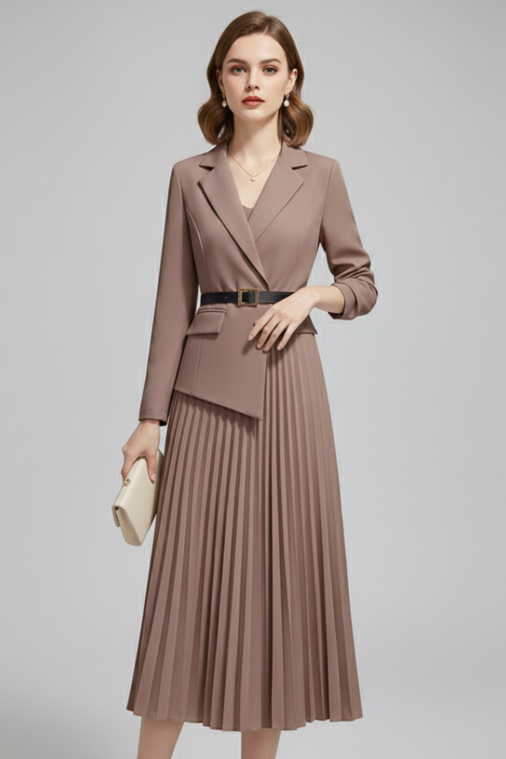 Women's blazer-style midi dress with a belted waist and pleated skirt