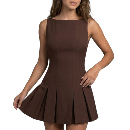 Women's sleeveless pleated mini dress with fitted bodice and flared skirt