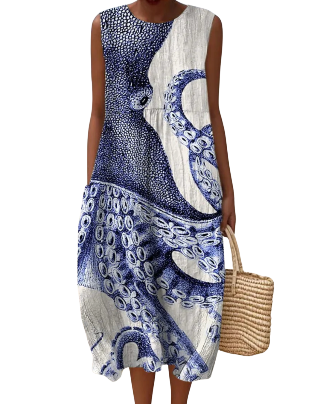 Women's sleeveless floral midi dress with a round neckline and relaxed fit