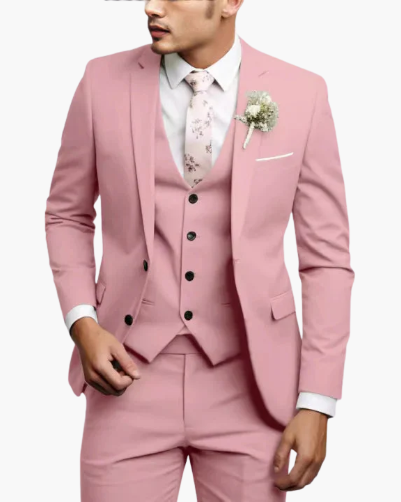 Men's slim fit three-piece suit with notched lapel jacket, button waistcoat and matching trousers