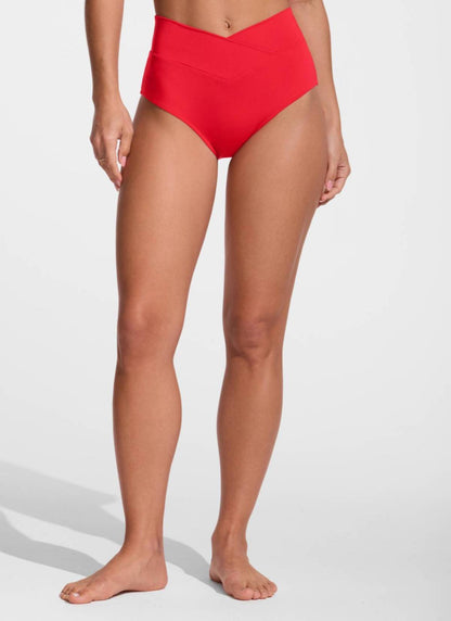 Women's high-waisted bikini bottoms with V cross waist detail