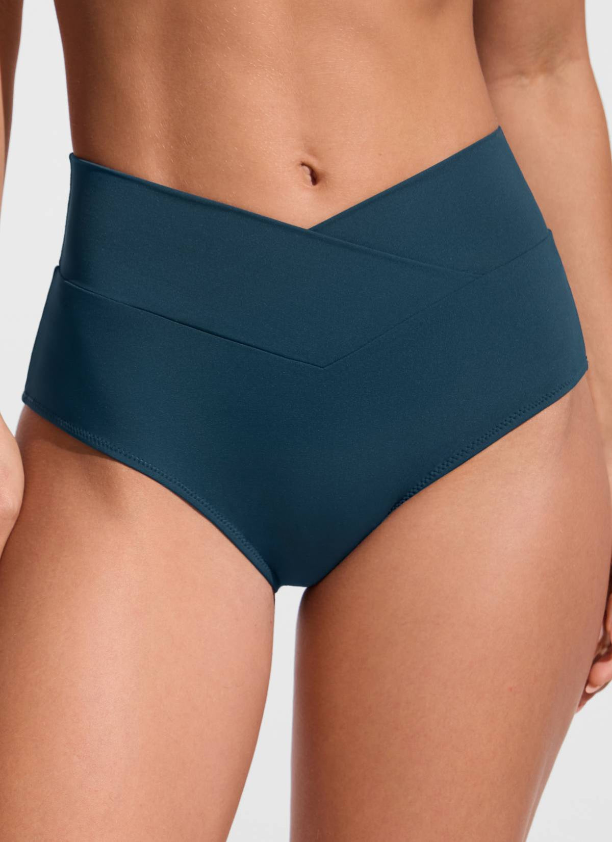 Women's high-waisted bikini bottoms with V cross waist detail