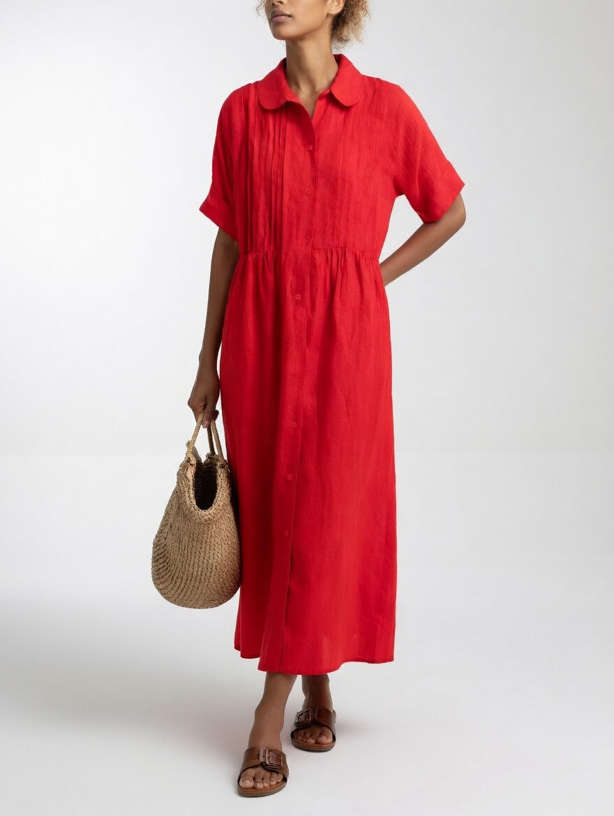 Women's shirt midi dress with rounded collar, short sleeves and gathered waist