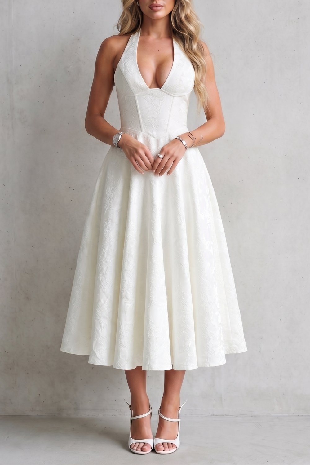 Women's floral halter midi dress with plunging neckline and flared skirt