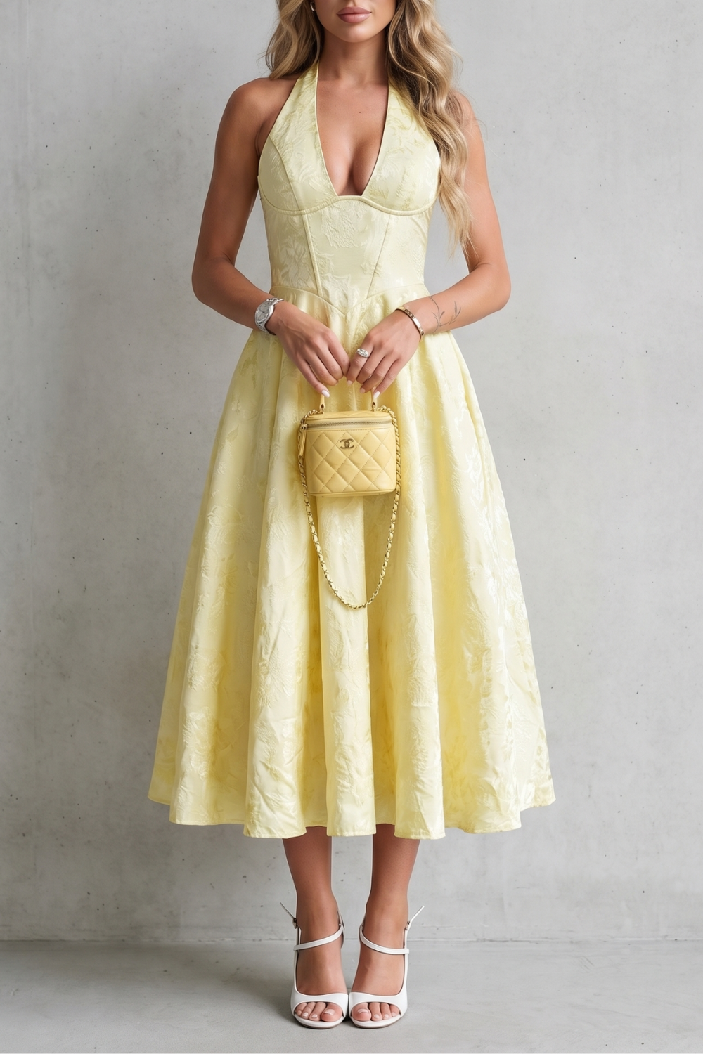 Women's floral halter midi dress with plunging neckline and flared skirt