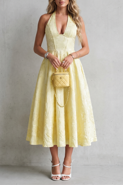 Women's floral halter midi dress with plunging neckline and flared skirt
