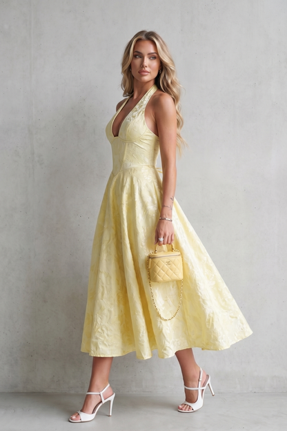 Women's floral halter midi dress with plunging neckline and flared skirt