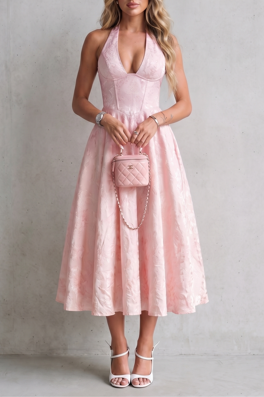 Women's floral halter midi dress with plunging neckline and flared skirt