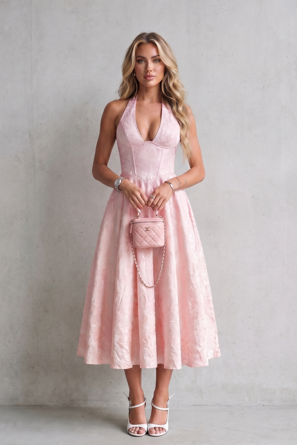 Women's floral halter midi dress with plunging neckline and flared skirt