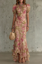 Women's floral maxi dress with short puff sleeves and layered ruffled hem