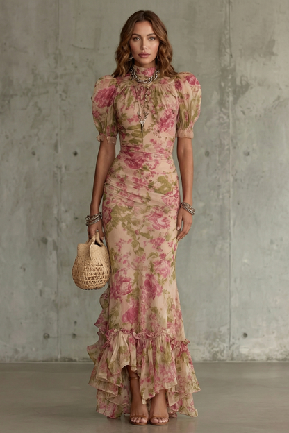 Women's floral maxi dress with short puff sleeves and layered ruffled hem