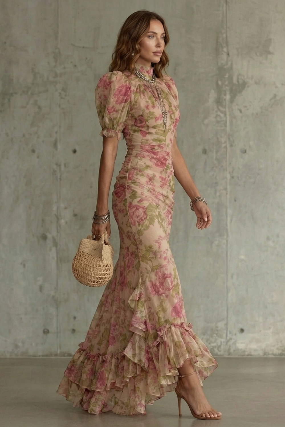 Women's floral maxi dress with short puff sleeves and layered ruffled hem