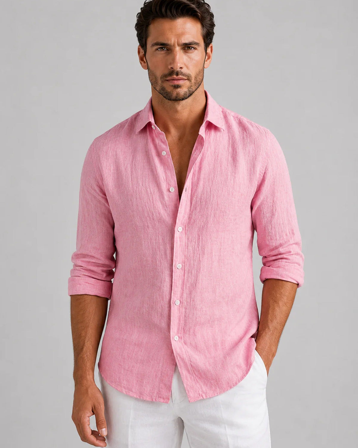 Men's long-sleeve collared shirt with button front and curved hem