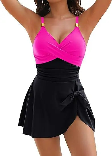 Women's V-neck swim dress with ruched bodice and side tie skirt