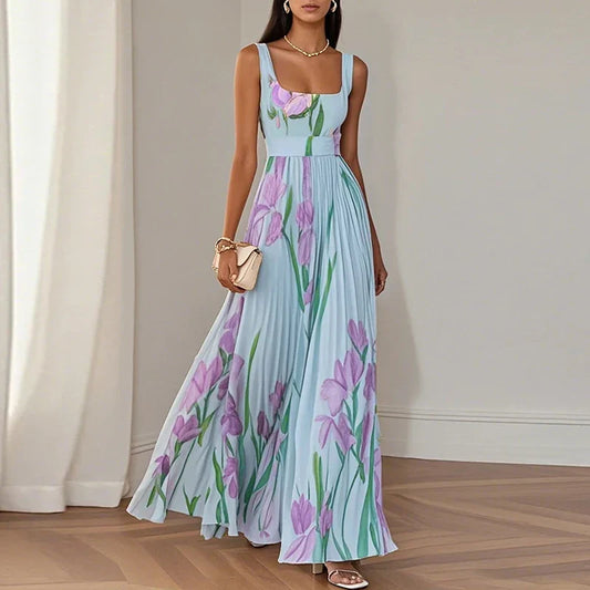 Women's floral sleeveless A-line maxi dress with square neckline and pleated skirt