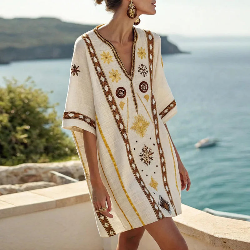 Women's embroidered V-neck mini beach dress with 3/4 sleeves