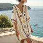Women's embroidered V-neck mini beach dress with 3/4 sleeves