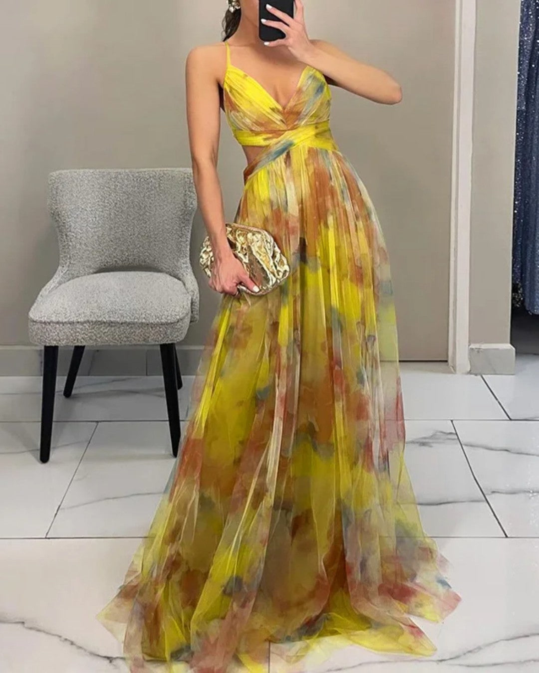 Women's multicoloured floral wrap maxi dress with V-neckline and spaghetti straps