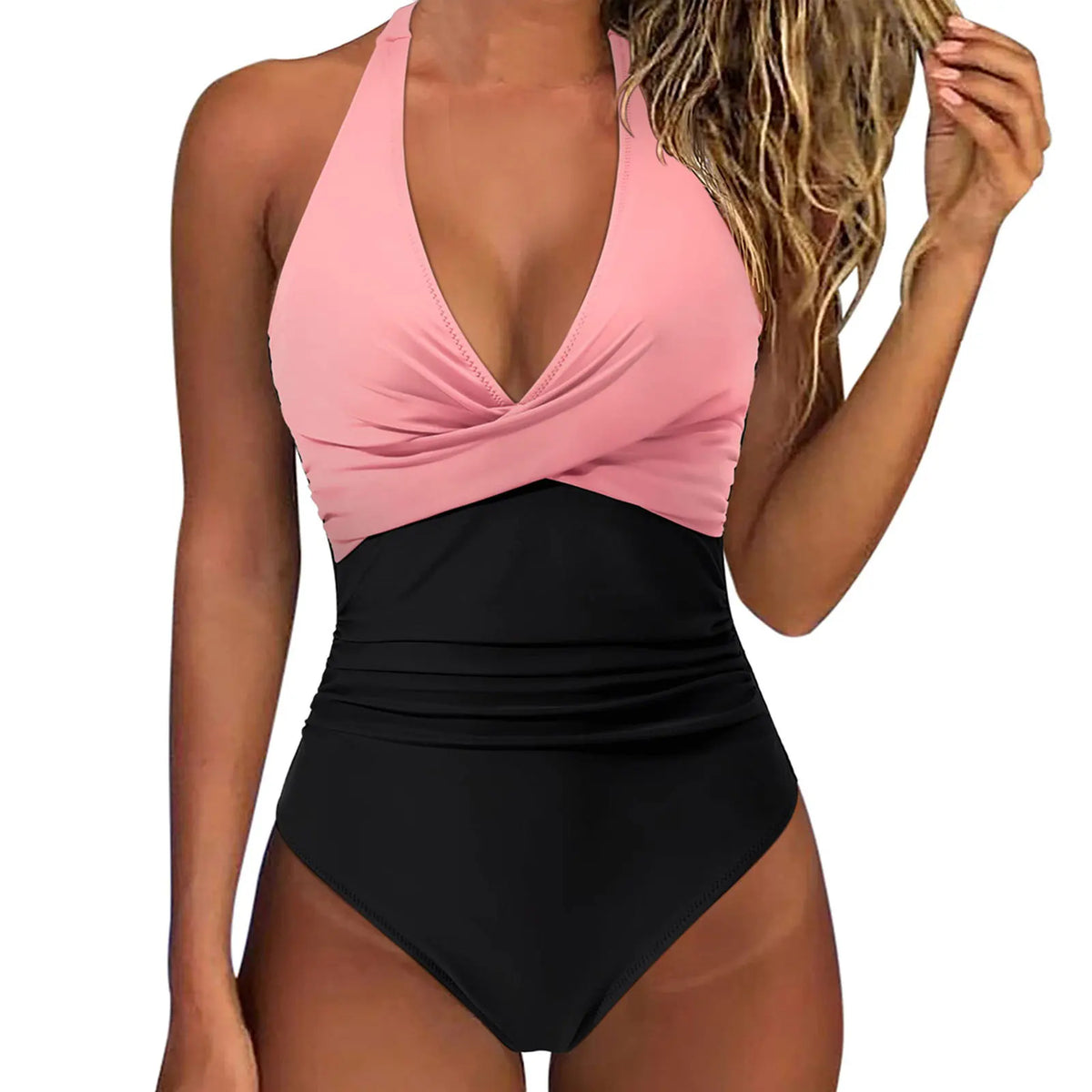 Women's ruched one-piece swimsuit with plunge V-neck and halter straps