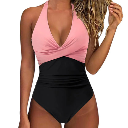 Women's ruched one-piece swimsuit with plunge V-neck and halter straps