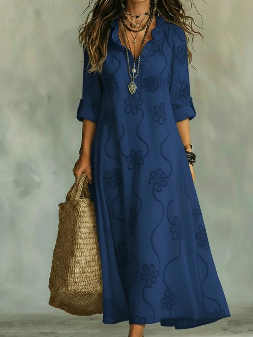Women's floral maxi dress with V-neckline and three-quarter sleeves