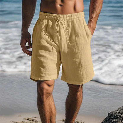 Men's knee-length swim shorts with elasticated drawstring waist and side pockets