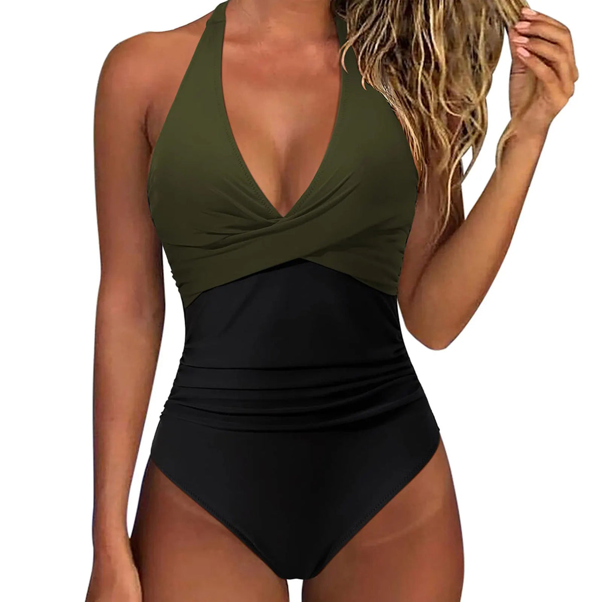 Women's ruched one-piece swimsuit with plunge V-neck and halter straps