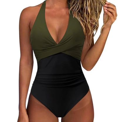 Women's ruched one-piece swimsuit with plunge V-neck and halter straps