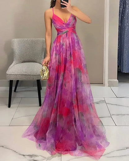 Women's multicoloured floral wrap maxi dress with V-neckline and spaghetti straps
