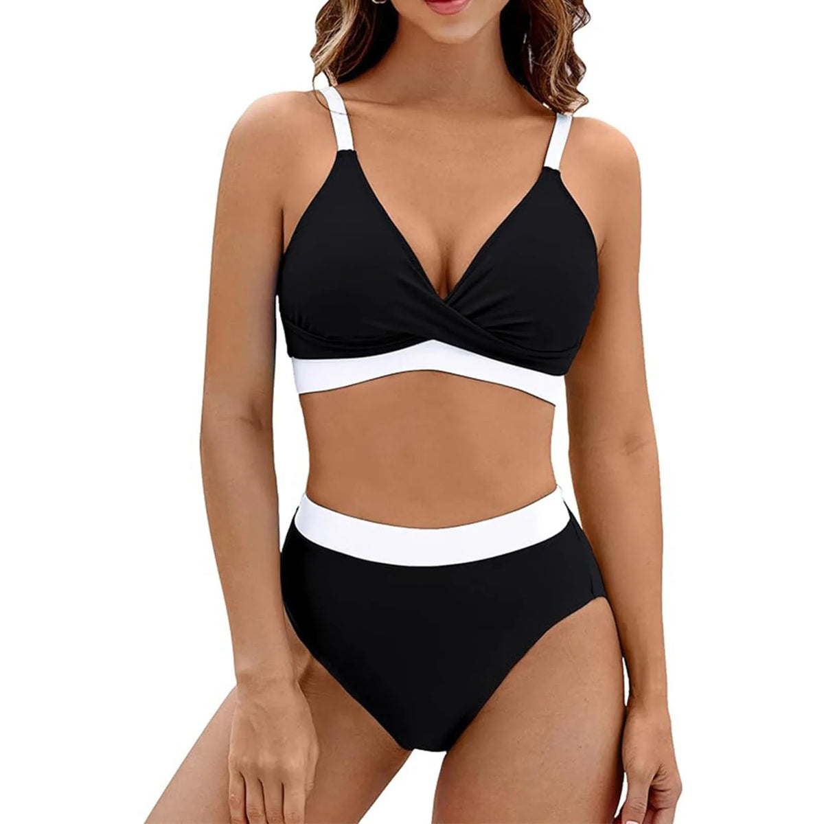 Women's ruched V-neck bikini set with high-waisted tie-side briefs