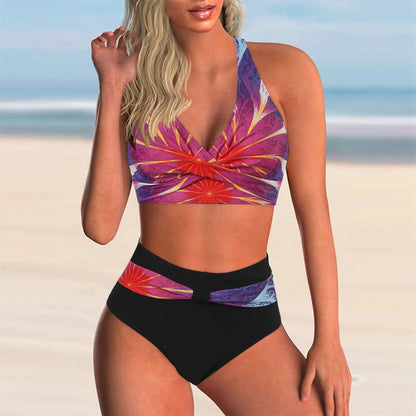 Women's printed wrap-front bikini set with high-waisted briefs
