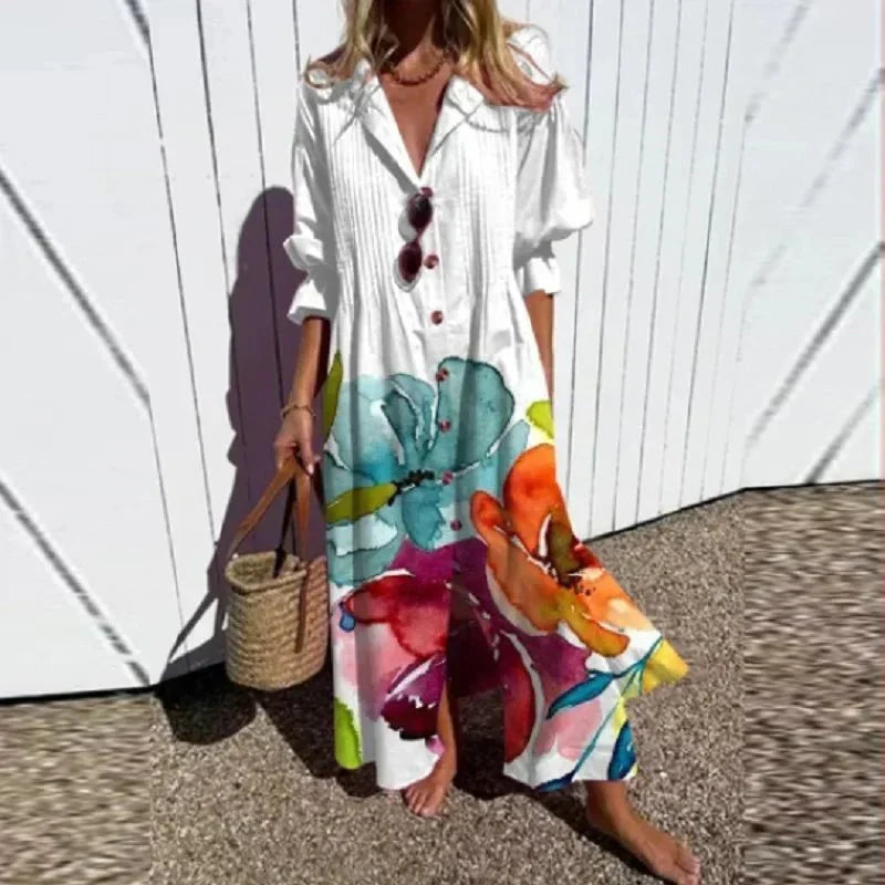Women's multicoloured floral boho maxi dress with V-neck and 3/4 sleeves
