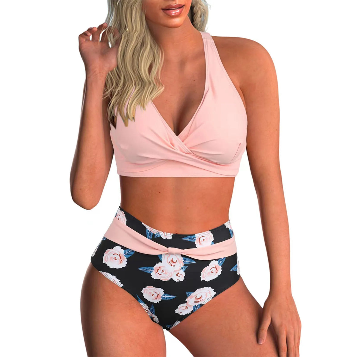 Women's printed wrap-front bikini set with high-waisted briefs