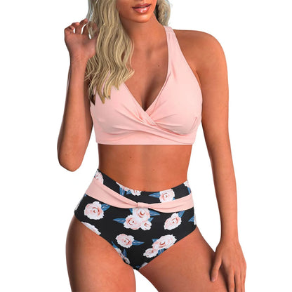 Women's printed wrap-front bikini set with high-waisted briefs
