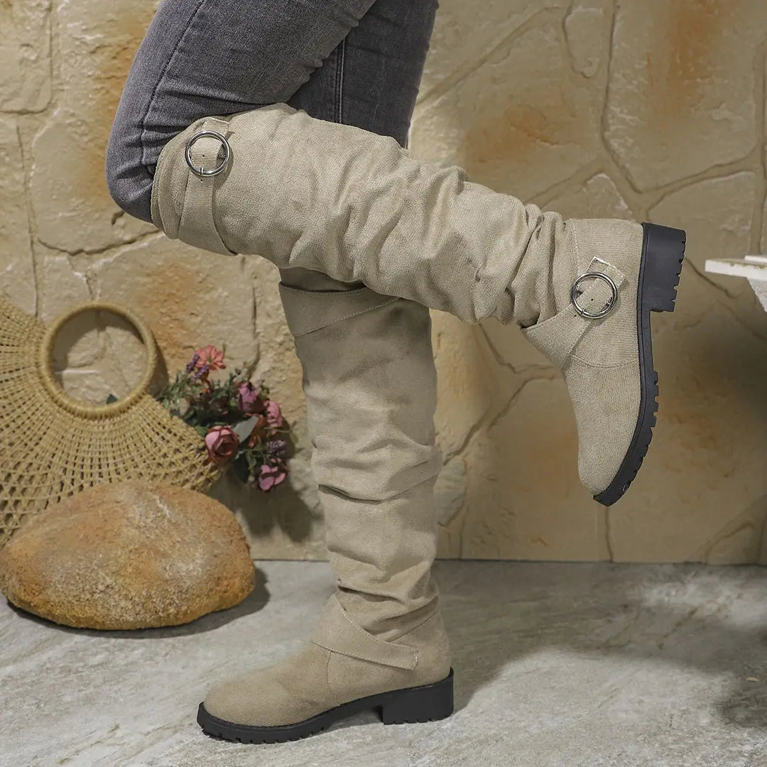 Women's Comfort Buckle-Strap Flat-Sole Knee-High Boots — Everyday