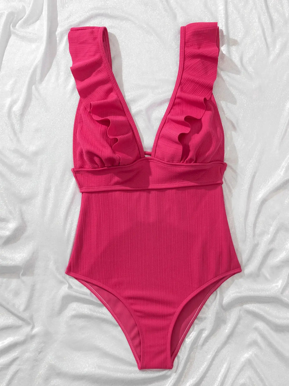 Women's ruffled V-neck one-piece swimsuit with ribbed texture