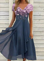 Women's floral V-neck maxi dress with short sleeves and flared skirt