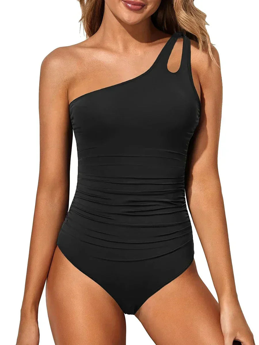 Women's one-shoulder ruched one-piece swimsuit with asymmetric neckline and shoulder cutout
