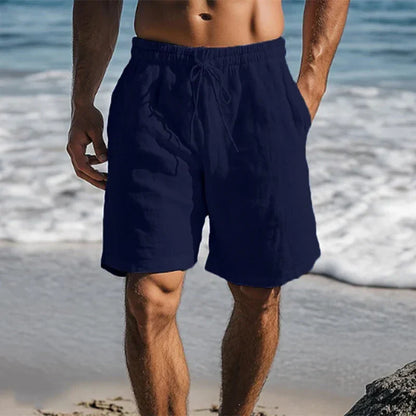 Men's knee-length swim shorts with elasticated drawstring waist and side pockets