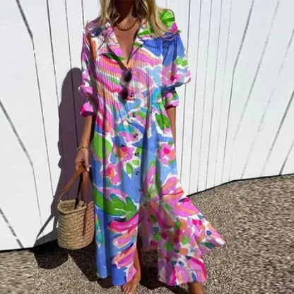 Women's multicoloured floral boho maxi dress with V-neck and 3/4 sleeves